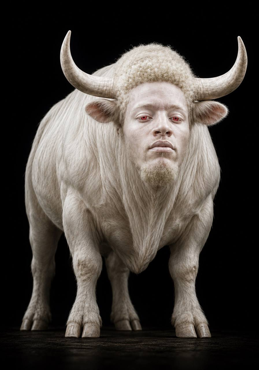 Albino bull mascot with pink eyes on a black background